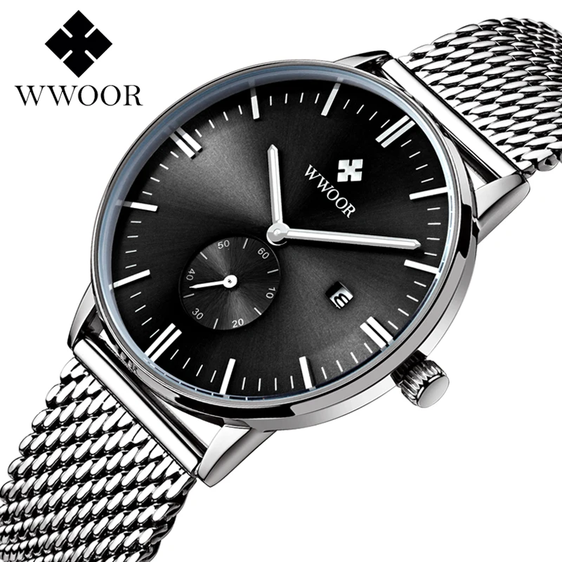 relojes hombre 2018 WWOOR brand Date Clock Male Waterproof Quartz Watch Men Silver Steel Mesh Strap Luxury Casual Wrist | Наручные часы