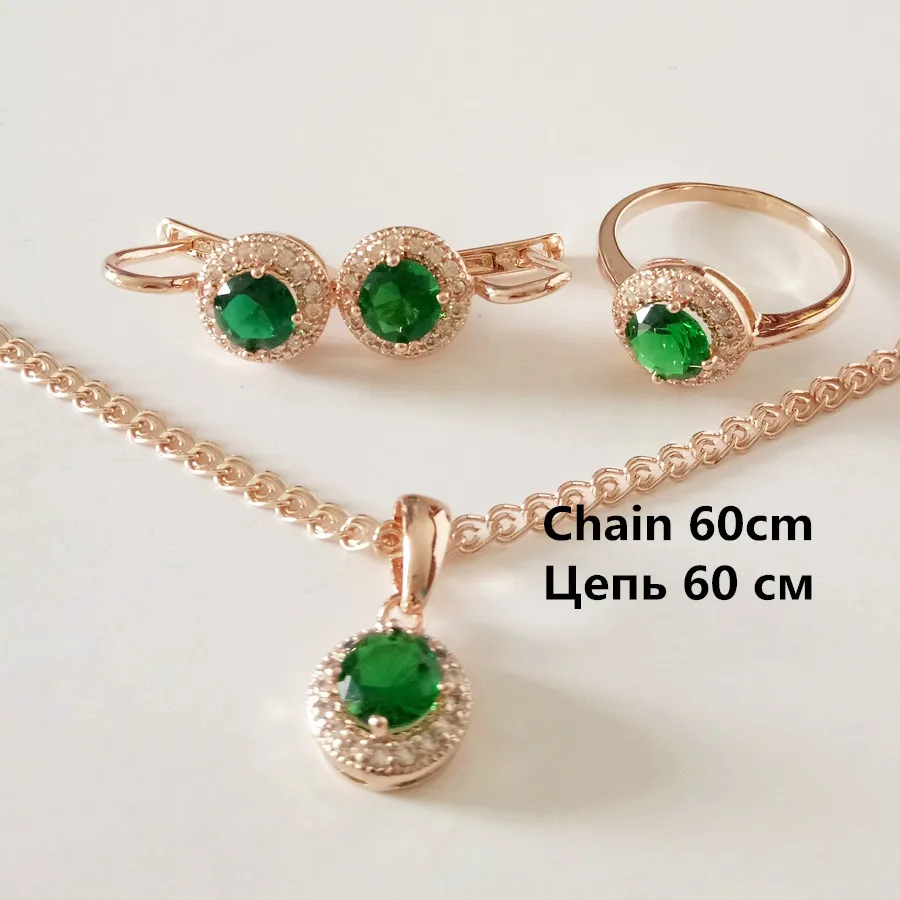 Ring 7 chain 60cm Свадебный ювелирный набор, зеленый кубический циркон, розовое золото, ювелирное изделие для женщин, свадебное ожерелье+ серьги+ кольцо, ювелирный набор - Окраска металла: Ring 7 chain 60cm