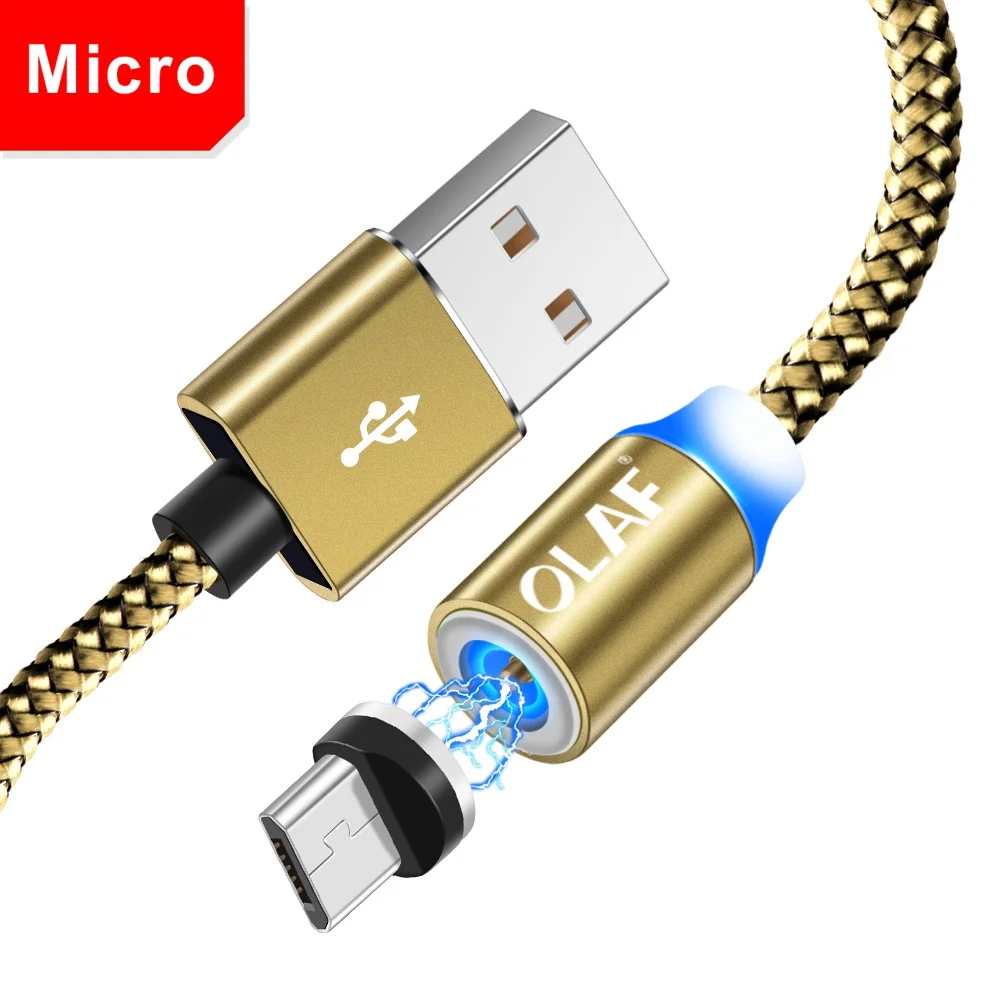 Gold Micro USB OLAF 1 м 2 м светодиодный кабель для быстрой зарядки Micro usb type C для Xiaomi Redmi Note 7 Mi9 Магнитный кабель для зарядки для iPhone X XR XS Max - Цвет: Gold Micro USB