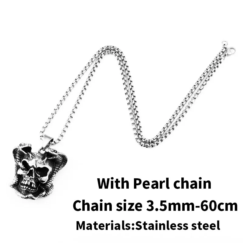 with pearl chain Стальной солдат панк дьявол череп скелет цепочка с подвеской Байкер для нержавеющей стали преувеличенные мужские популярные ювелирные изделия - Окраска металла: with pearl chain