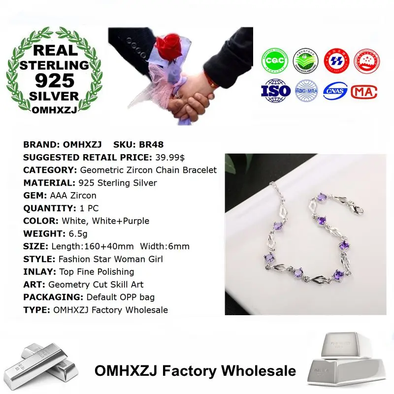 OMHXZJ Wholesale Personality Fashion OL Woman Gift Silver Geometric White Purple Zircon Chain 925 Sterling Bracelet BR48 | Украшения и