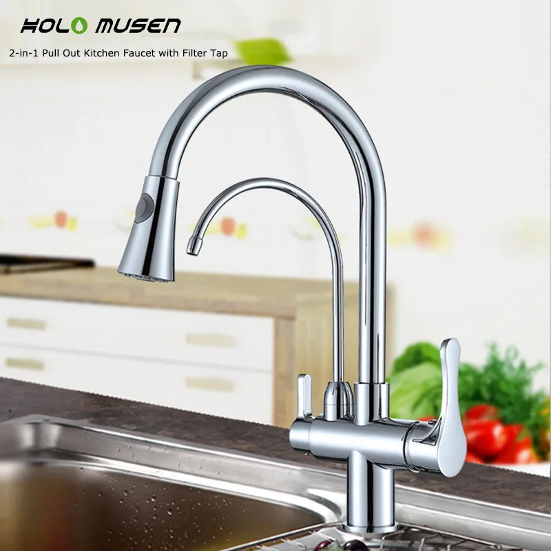 

High Quality Brass 2 in 1 Pull Out Kitchen Faucet with Filter Tap Delivers Filtered Water Hot Cold Water Kitchen Filter Faucet
