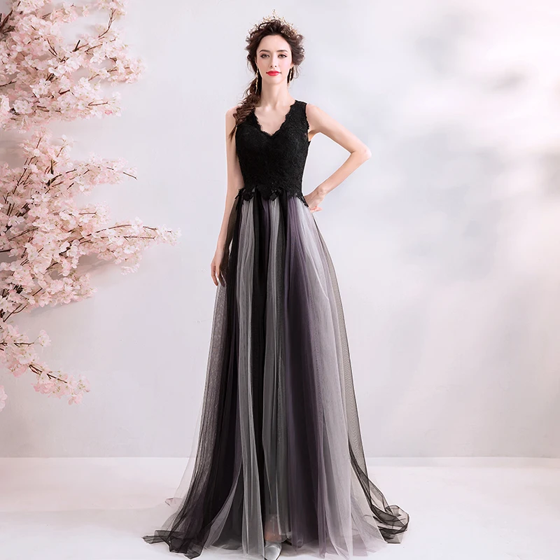 SSYfashion Черное вечернее платье в пол с v-образным вырезом, на молнии, без рукавов, с кружевом, из тюля, вечерние платья на заказ, Vestido De Noche