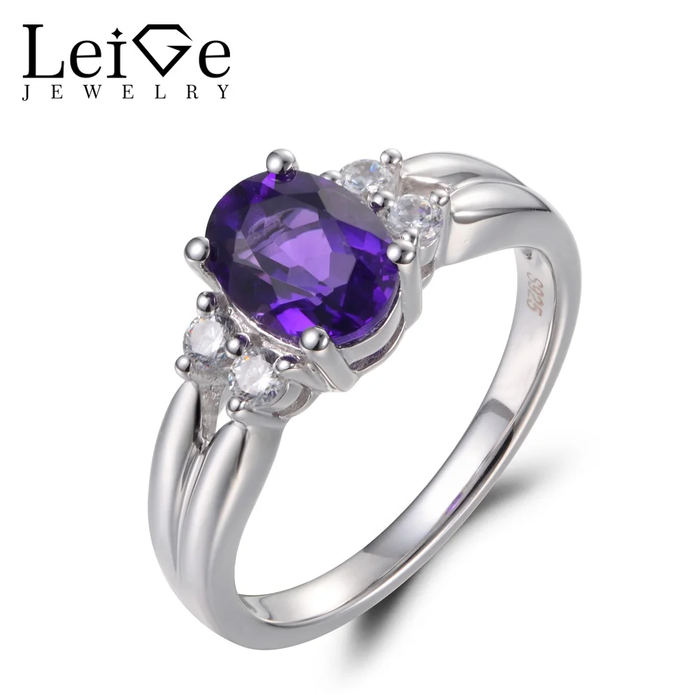 

Leige Jewelry Natural Amethyst Rings Promise Rings Oval Cut Purple Stone Ring February Birthstone Real 925 Sterling Silver Gift