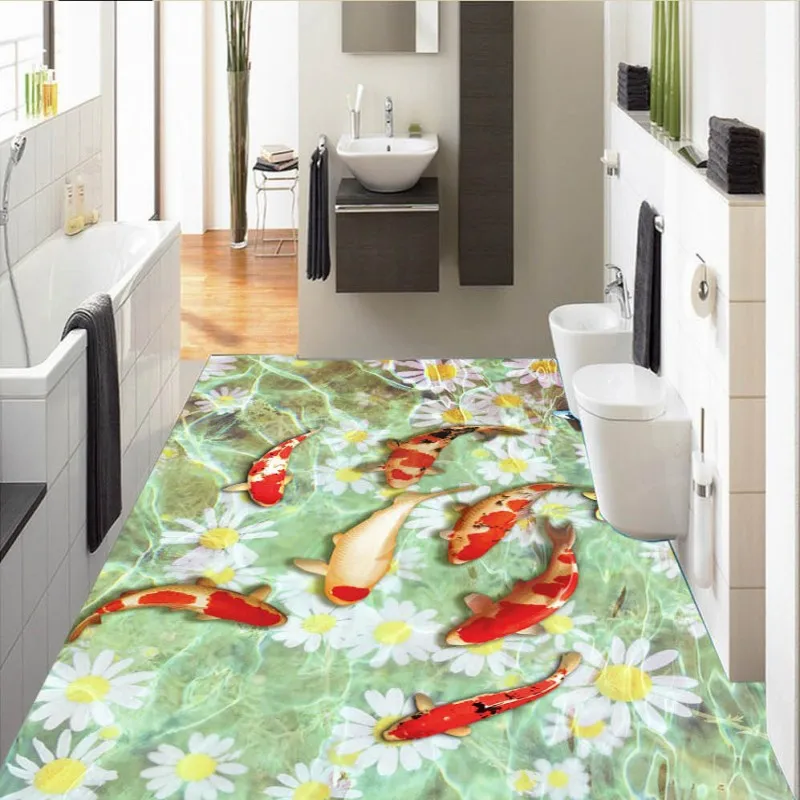 

Free Shipping Custom Beautiful Carp Aqua Chrysanthemum Bedroom Living Room studio office 3D Floor wallpaper mural