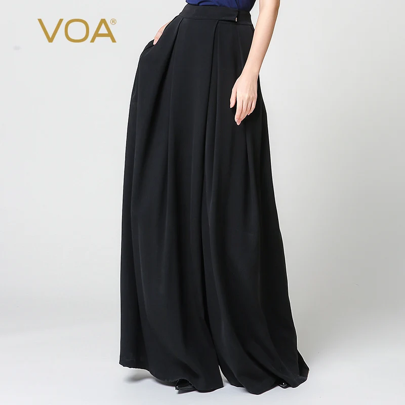 Black VOA, шелковые, размера плюс, свободные, палаццо, брюки, черные, повседневные, широкие, брюки с высокой талией, женские, винтажные, Брюки, юбки Broeken K7318 - Цвет: Black