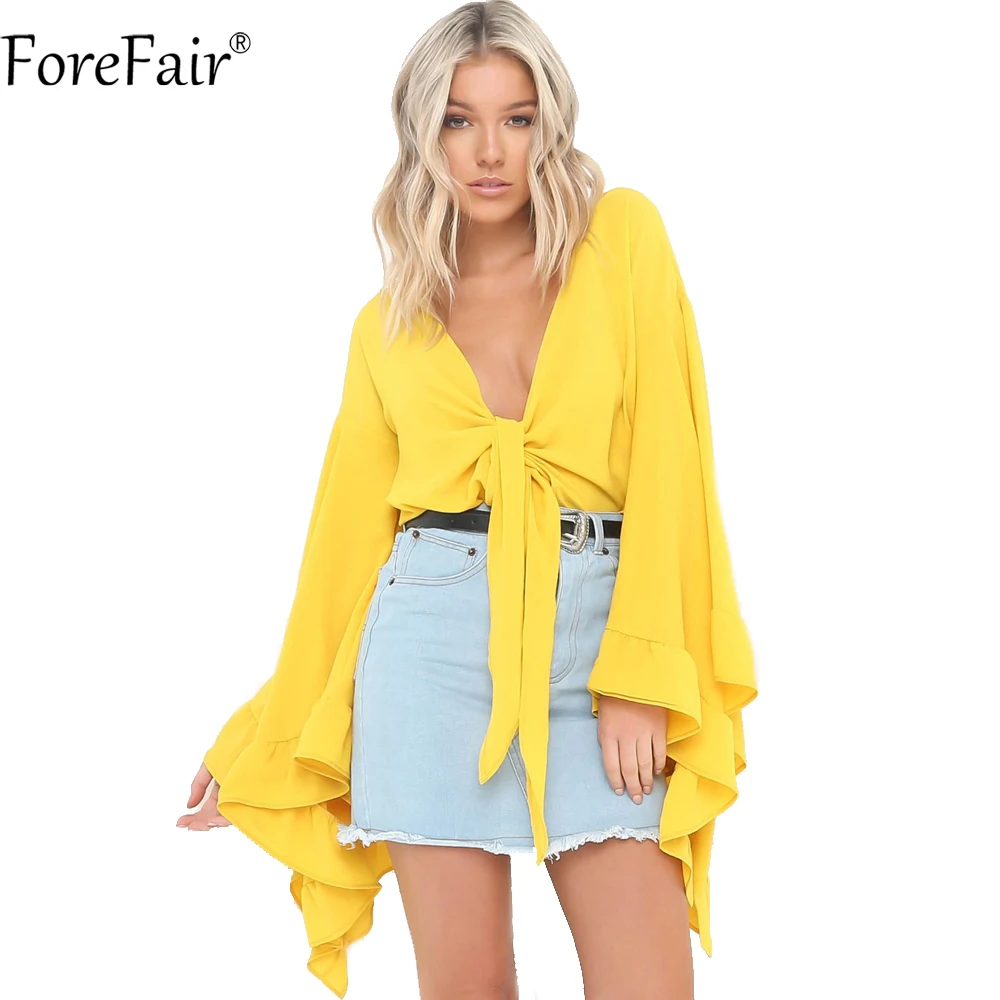 Женская шифоновая блузка с v образным вырезом и Расклешенным рукавом ForeFair летние