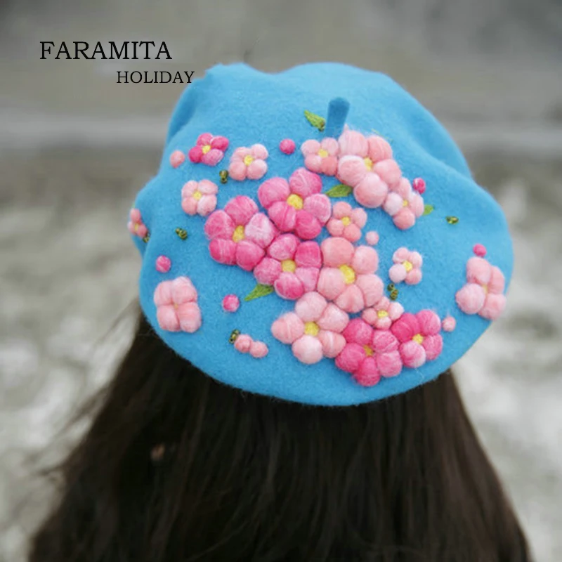 Faramita Holiday Flowers Colorful Pink Plants Women Hand-made Spring Berets Girls Kids Boys Beret Hats Caps Wool Felt 3D Floral
