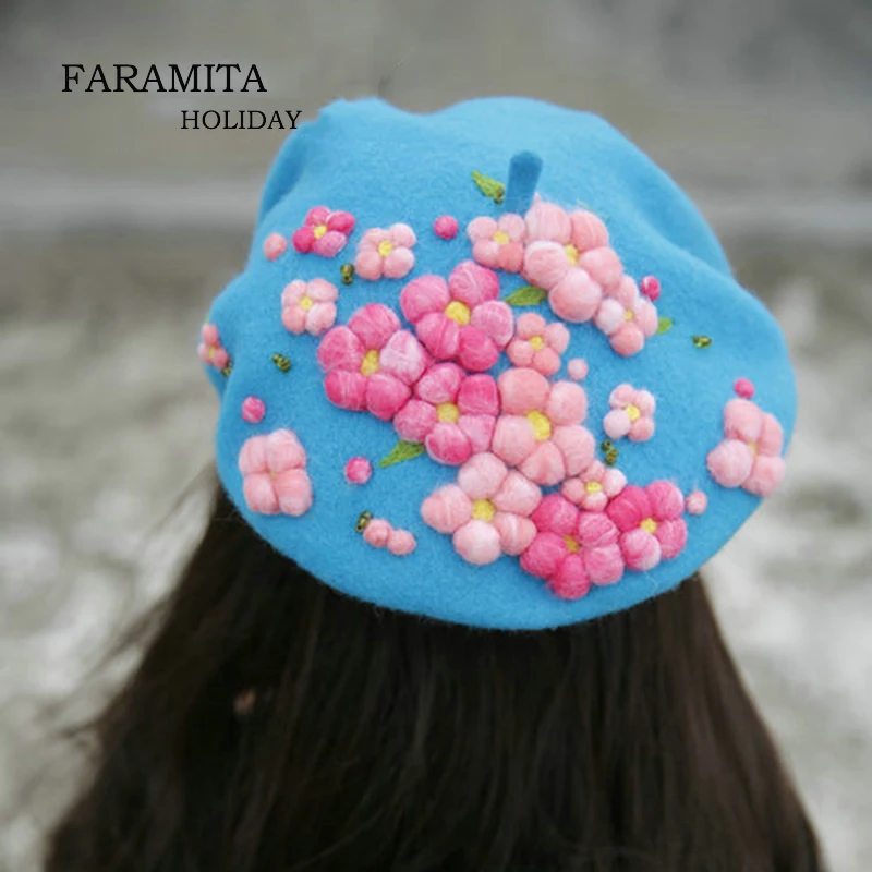 Женский праздничный берет Faramita с цветными розовыми растениями ручной работы
