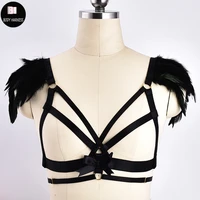 feathers epaulettes shoulder body harness sexy lingerie festival rave crop top women angel wings bow gold accessories cage bra