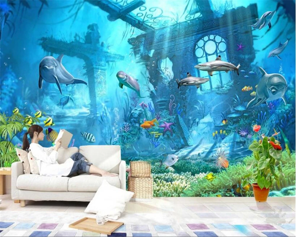 

Beibehang Underwater World ocean dolphin Background Wall 3D Wallpaper Kids Room Decorated wallpaper for walls 3 d papel parede