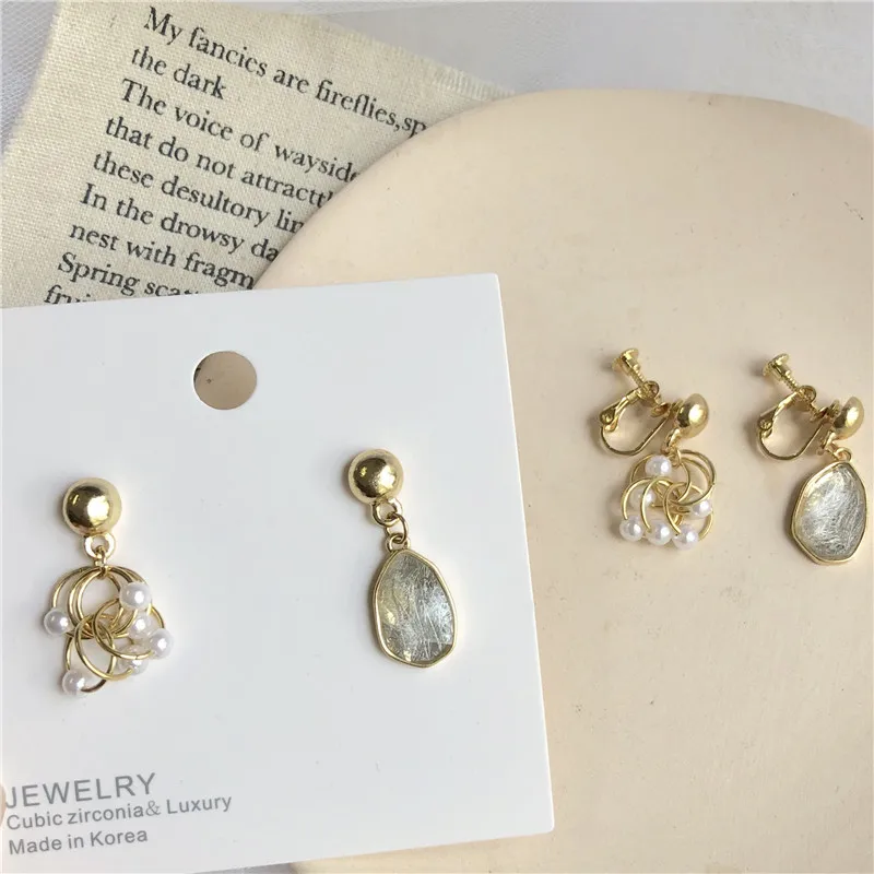 Korean Fashion Asymmetric Simulated-pearls Clip On Earrings Shiny Irregular Short Earrings 925 Silver Needle