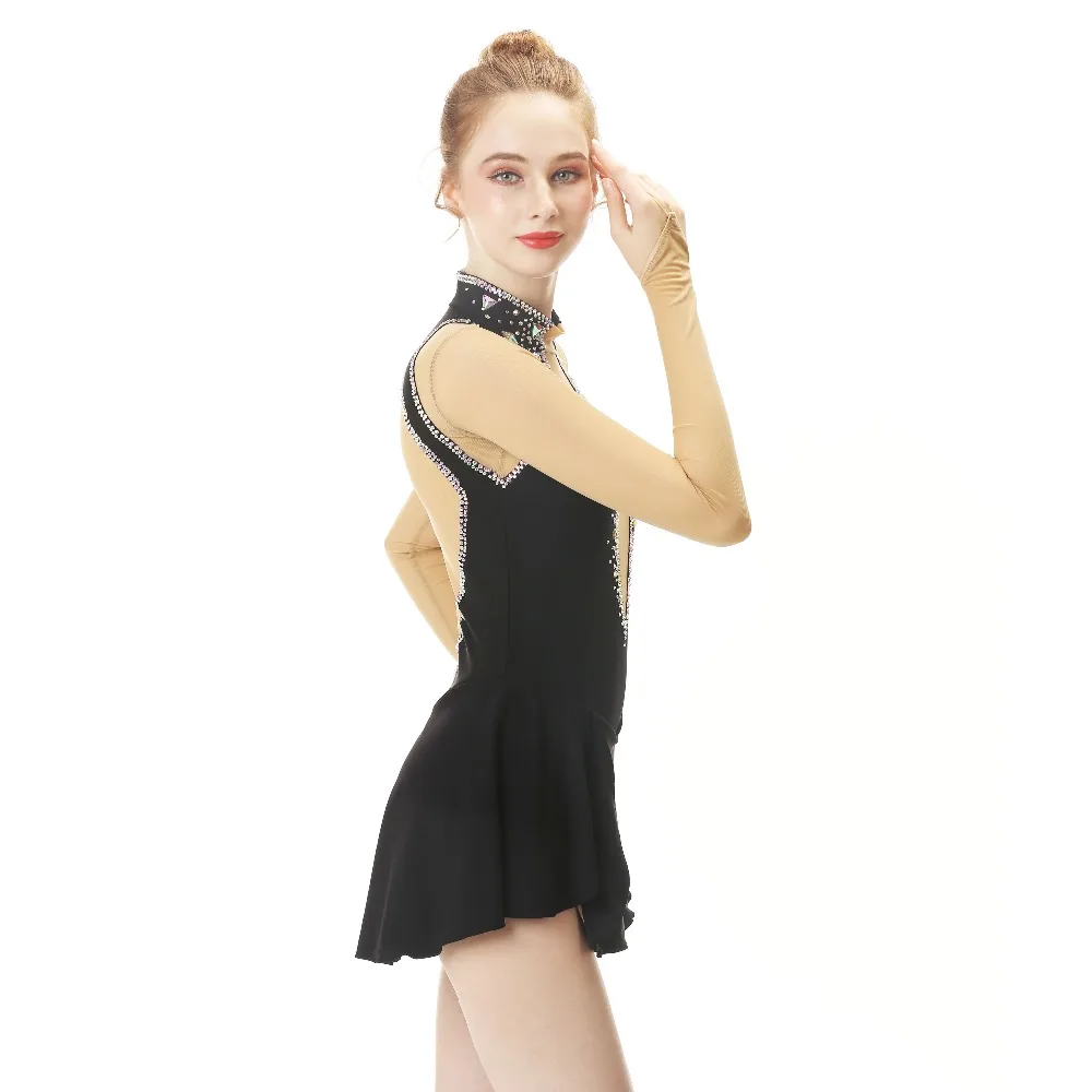 Черное платье для фигурного катания с длинными рукавами юбки конькобежцев