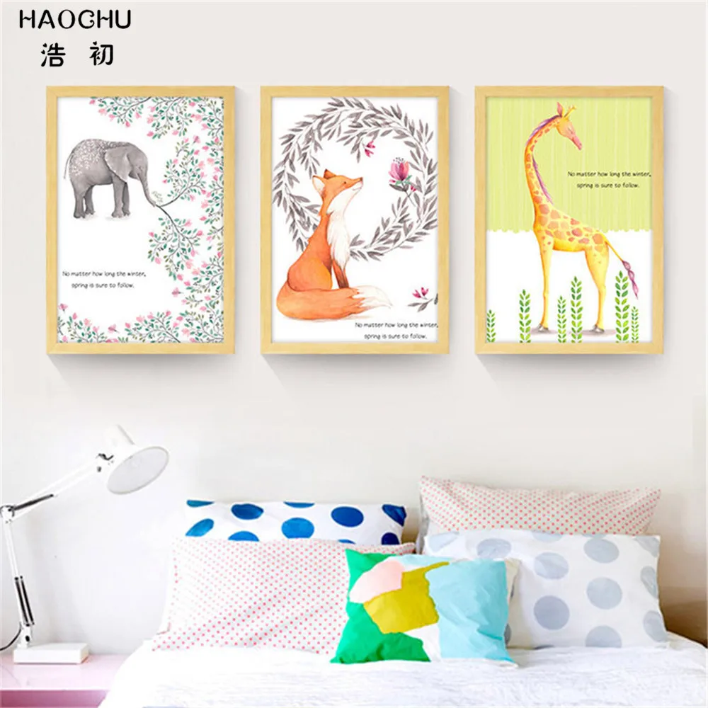 HAOCHU CARTOON ANIMALS squirrel deer elephant Mural WALL PICTURE Canvas Painting Wall poster decorations for home STUDY | Дом и сад