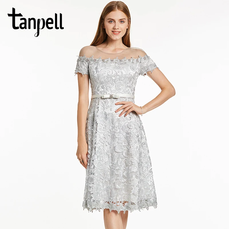 Кружевное коктейльное платье Tanpell сексуальное серебристое трапеция до колена с