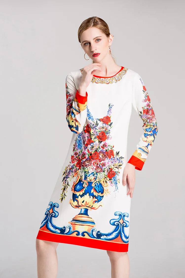 New Arrival 2018 Women's O Neck Long Sleeves Floral Printed Elegant Straight Fashion Dresses | Женская одежда