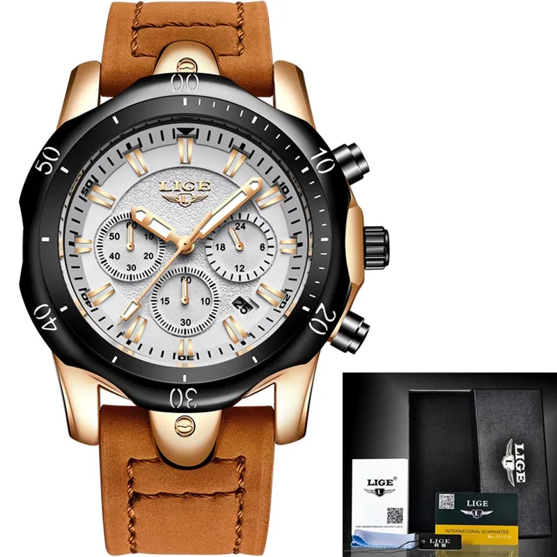 Rose gold white LIGE relogio masculino брендовые роскошные часы мужские модные креативные хронограф светящийся аналоговый в стиле ретро с кожаным ремешком кварцевые часы - Цвет: Rose gold white