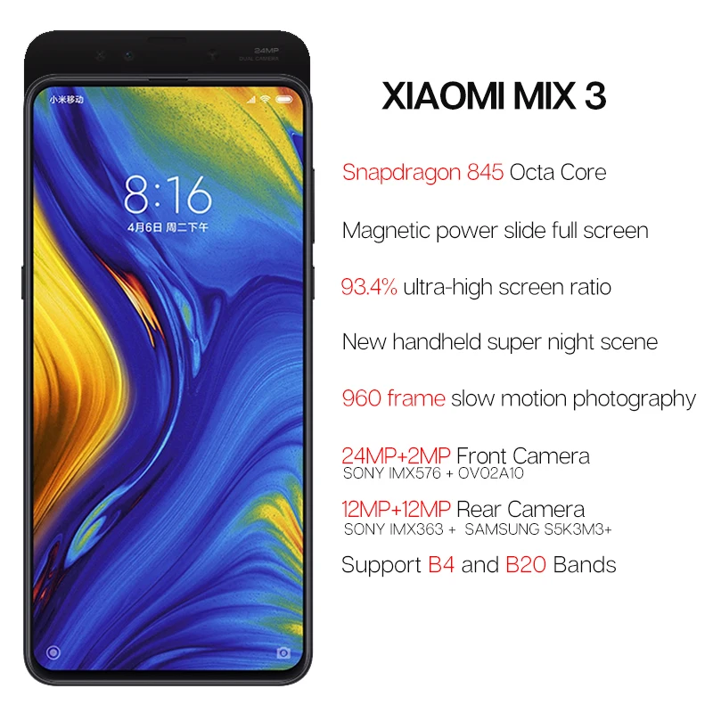 Xiaomi mi x 3 x3 8 Гб 256 Snapdragon 845 6 39 ''amoled мобильного телефона 2 передних и камеры