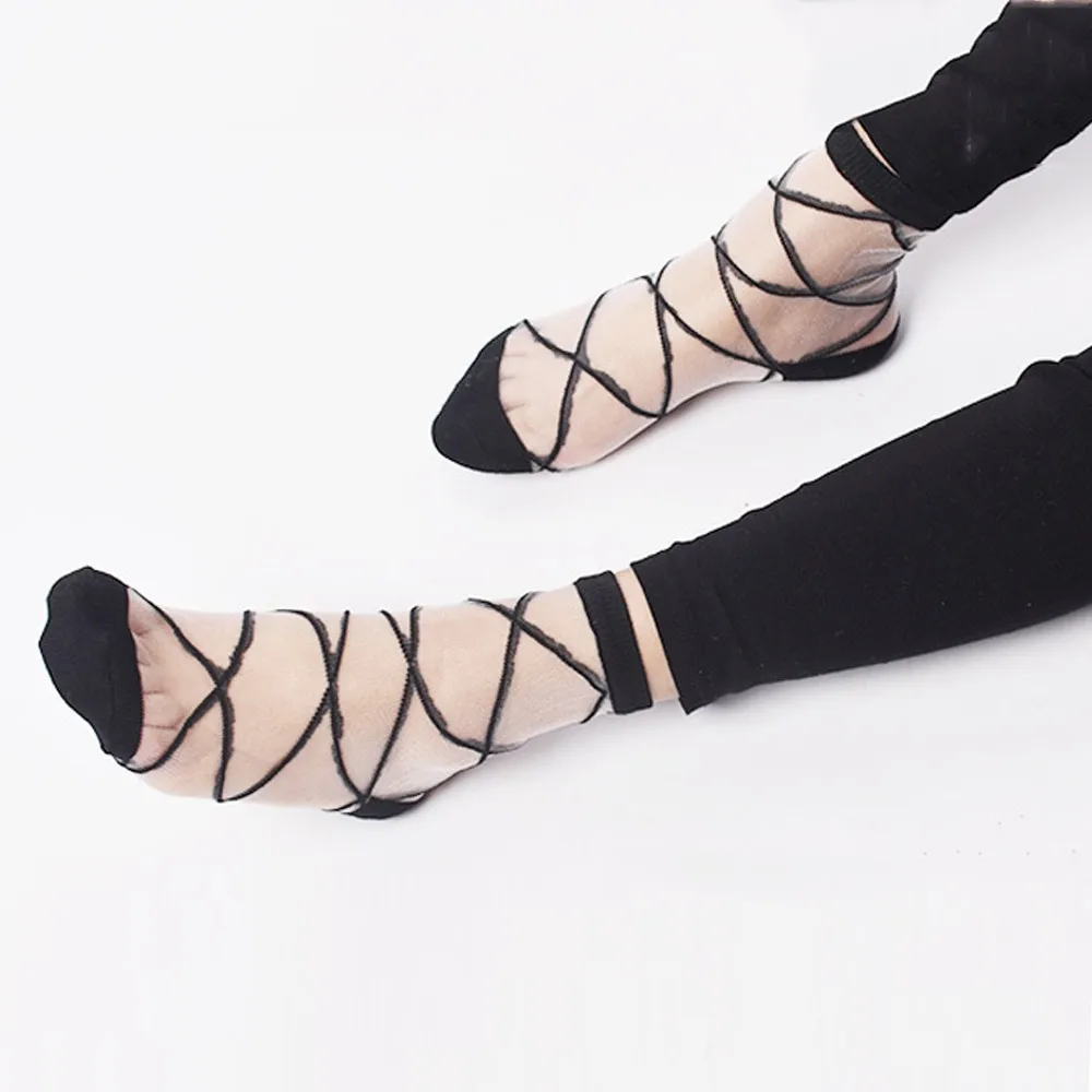 

New Women Ladies Socks Fashion Sheer Mesh Glass Silk Socks Ultrathin Transparent Crystal Lace Fabulous Elastic Summer Ankle Sock