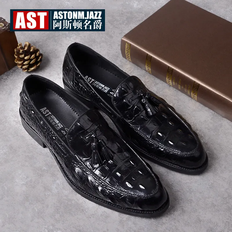 

US 6-11 Big Size Mens Tassel Oxfords Genuine Leather Pointed Toe Shoes Business Man Alligator Dress Shoes