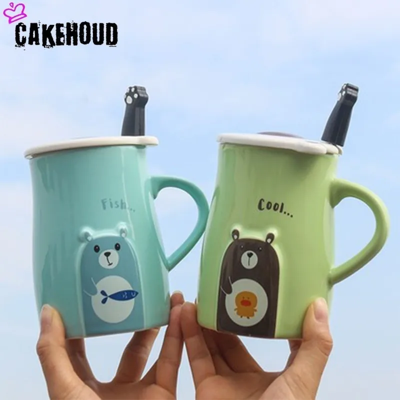 CAKEHOUD креативная Милая керамика кофейная кружка с крышкой с ложкой большая емкость кружка для чайной кружки с животными новинка подарочная чашка для молока