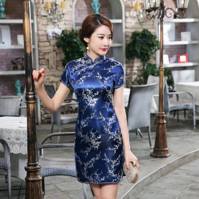 navyblue club Vintage OLd Shanghai Dragon&Phoenix Qipao Elegant Women Cheongsam Oversize 6XL Mandarin Collar Sexy Short Chinese Dress Vestidos - Цвет: navyblue club
