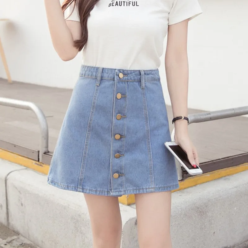 EXOTAO Single Breasted Mini Denim Skirts for Lady Solid Empire Harajuku Skirt Spring Saia 2018 Fashion Faldas Women A-Line Jupe | Женская
