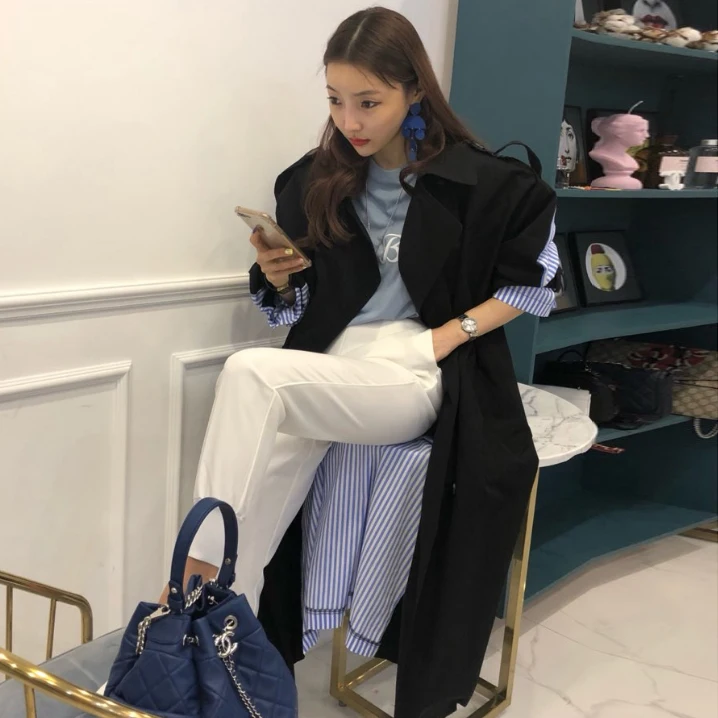 GETSPRING Женское пальто женские тренчи длинные в полоску подходящие к цвету черные