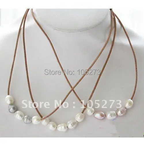 

Wholesale 3pcs AA 9-13MM Rice Shaper Freshwater Pearl Leather Necklace Fashion Pearl Jewelry New Free Shipping FN1547