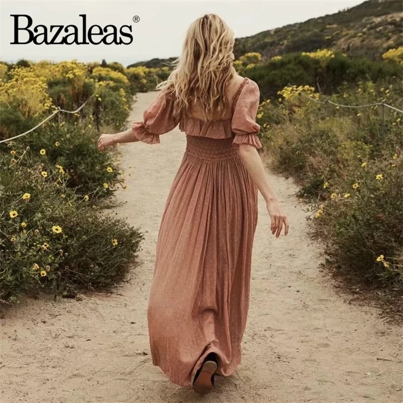 Bazaleas оборками центр галстук талии розовое летнее платье Мода миди vestidos вечерние женские платья Прямая поставка