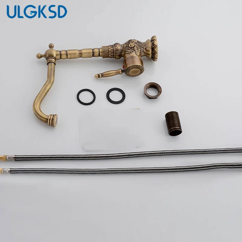 ULGKSD Твердый латунный кран для раковины, смеситель для ванной комнаты, смеситель для ванной комнаты, 2 типа, кран для ванной комнаты, цветочный изогнутый Керамический клапан для горячей и холодной воды