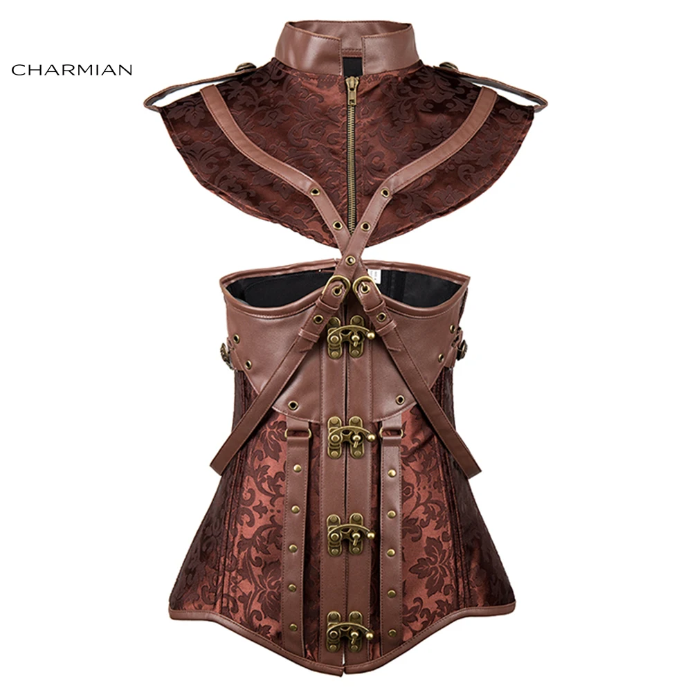 

Charmian Retro Brown Steampunk Corsets Women Waist Control Underbust Corset with Shrug Sexy Steel Boned Slim Corset and Bustiers