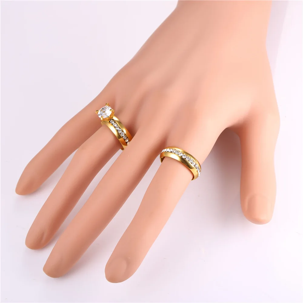 Women Wedding Ring Sets For Lovers Couple Rings Crystal Rhinestone yellow Gold Color Stainless Steel Wholesale R1314 | Украшения и