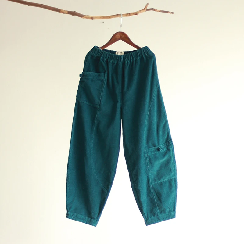 Blue Peacock Johnature женские широкие брюки с эластичным поясом, Новинка осени, свободные короткие женские Брюки с карманами, 3 цвета, вельветовые брюки - Цвет: Blue Peacock