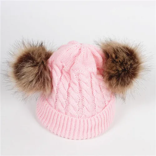 pink brown Вязаная шапка для новорожденных девочек с помпоном, твердые крышки для новорожденных мальчиков и девочек, Осень-зима, теплые вязаные шапочки, детская одежда Кепка - Цвет: pink brown