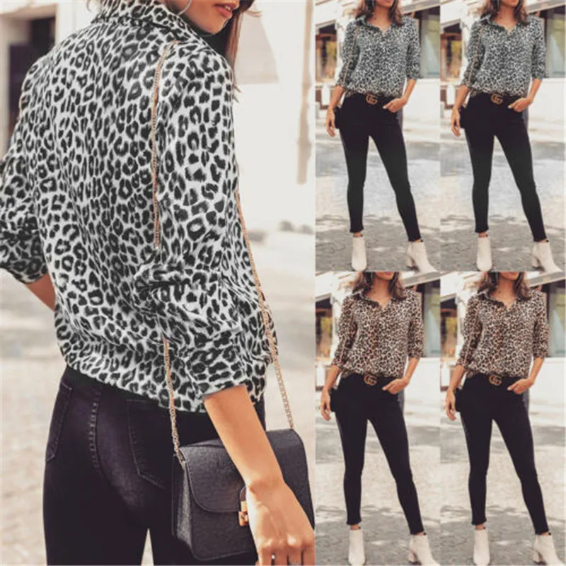 

Women Leopard print shirt Lapel V Neck Long Sleeve Blouses Tops Loose Casual OL Shirts lady office shirt Leopard Blouse Clothing