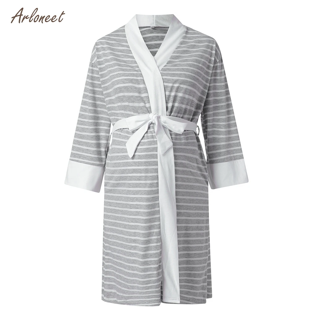 ARLONEET plus size pregnant Maternity Women Casual Care Striped Robe Childbirth Robe Hospital Breastfeeding Clothes
