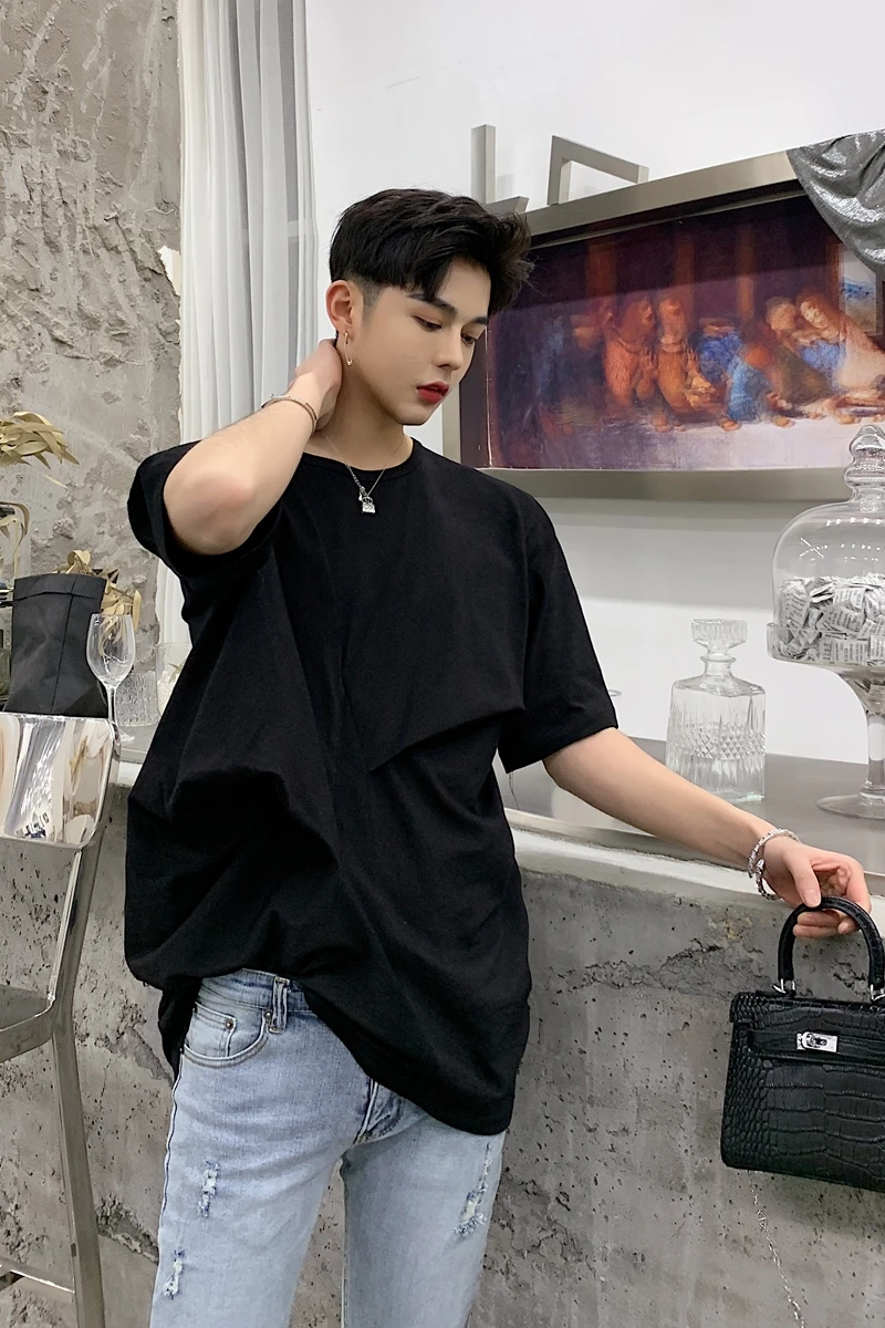 

Summer fashion irregular design solid color short sleeve T-shirt popular logo men's clothing alternative temperament T-shirts