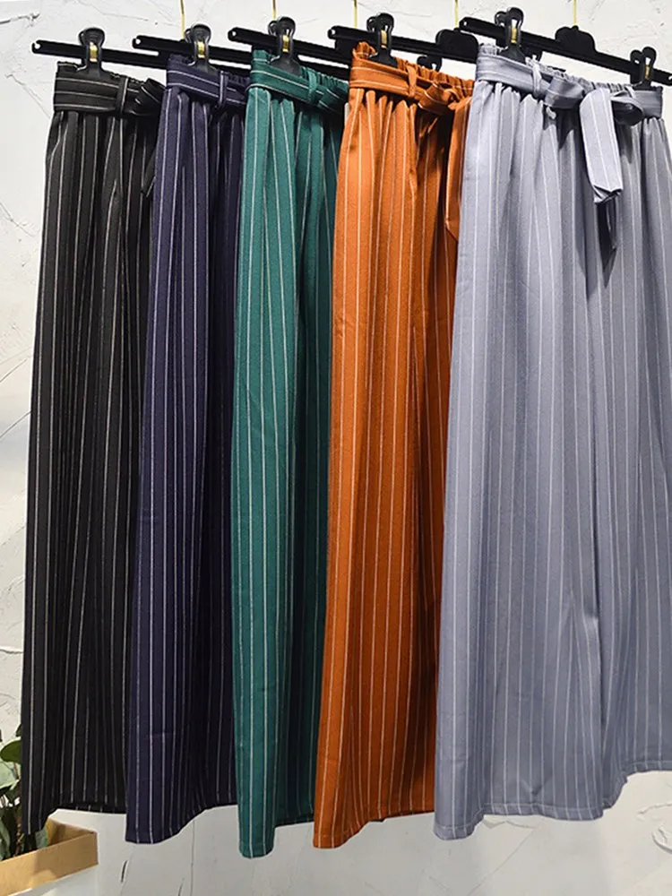 

Women Summer Beach Striped Lady Wide Leg Pants High Waist Trousers Chic Streetwear Belt Sash Casual Pants Capris Female