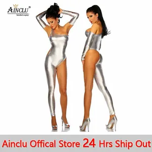 Women Sexy Latex Suit Silver Shiny Metallic Tights Black Gold Zentai Suit Full Body Unitard Skin Bodysuit with Wristbands CH