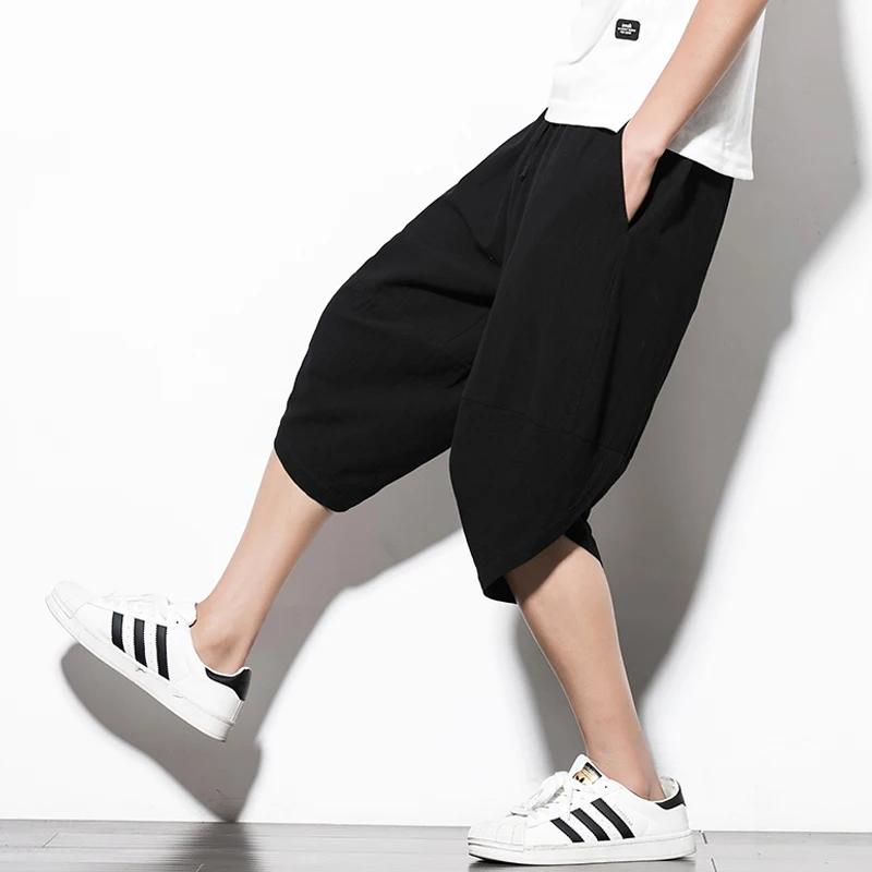 

Cotton Linen Men Harem Pants Summer Male Casual Calf-Length Pants 2020 Solid Big Pocket Baggy Trousers