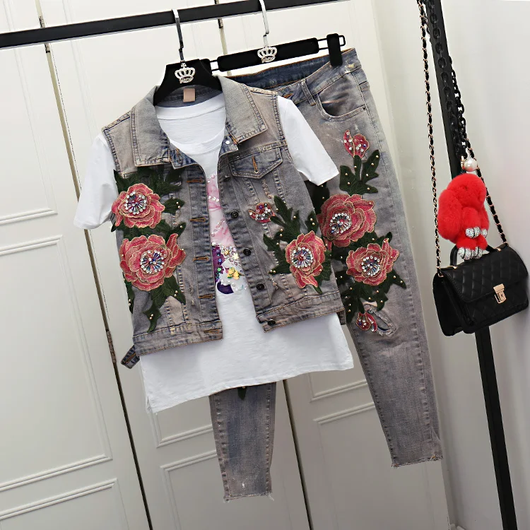 2017 summer new fashion embroidery Beaded vest leisure jeans two piece suit dress tide bronzing | Женская одежда