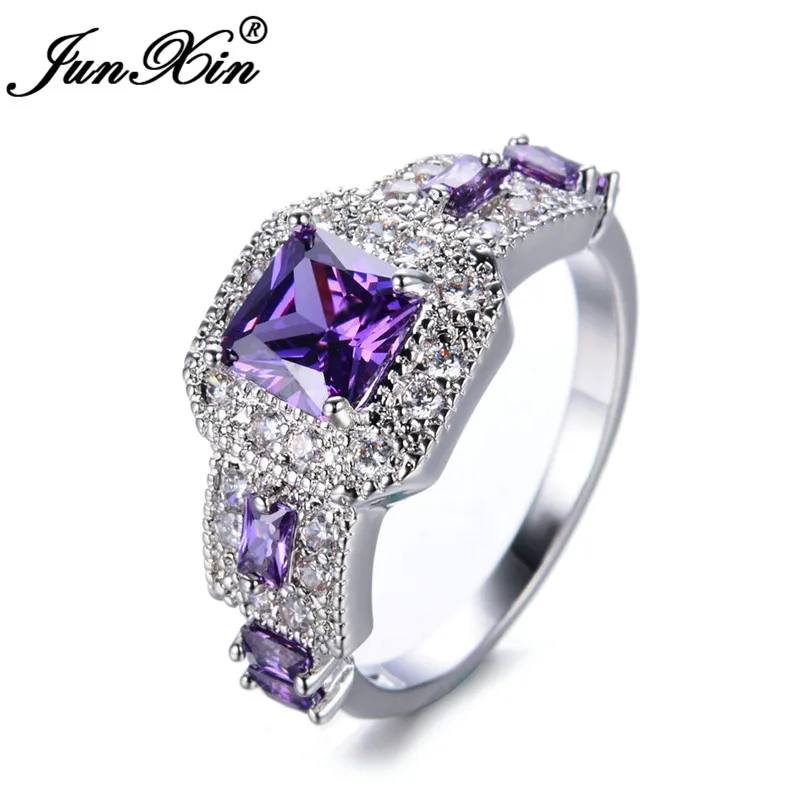 Purple Ring JUNXIN винтажные квадратные обручальные кольца для мужчин и женщин из белого золота с камнем принцессы зеленый синий черный циркон кольцо женское CZ - Цвет основного камня: Purple Ring