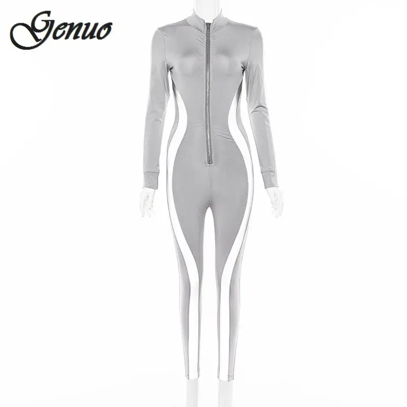Genuo новинка Женский обтягивающий комбинезон светоотражающий в полоску из кусков
