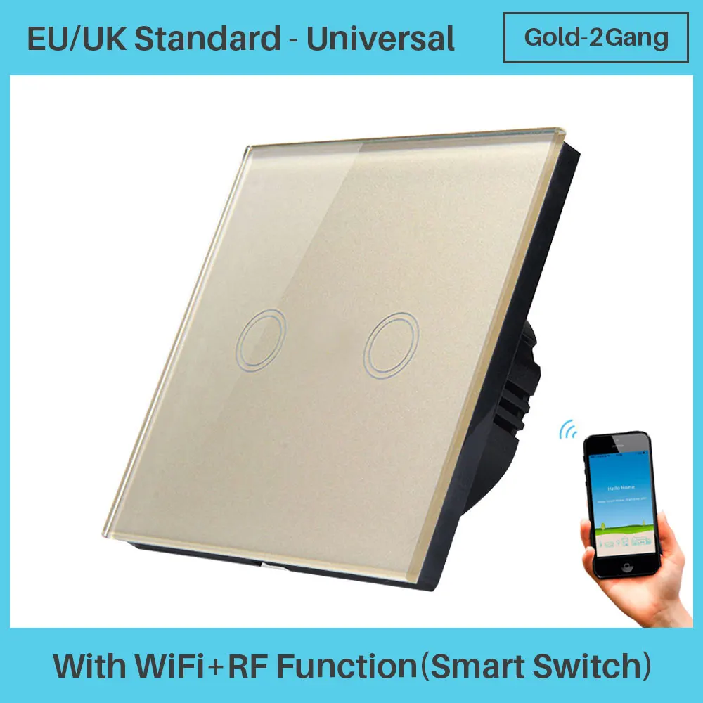Gold Smart 2Gang WiFi умный сенсорный переключатель Панель ЕС Великобритания стандарт WiFi+ RF через приложение управление Умный дом Голосовое управление с Amazon Alexa Google Home Mini - Цвет: Gold Smart 2Gang