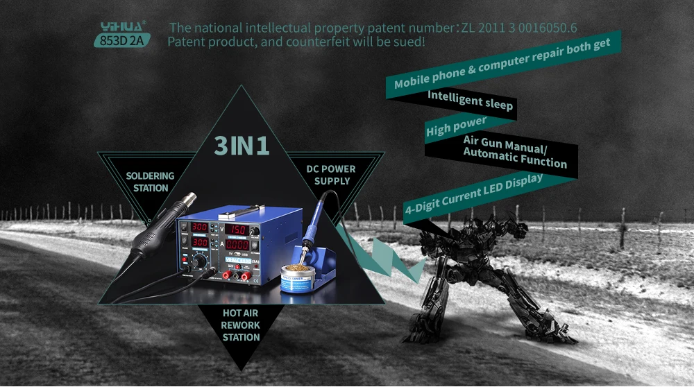 YIHUA 853D паяльная станция 4 в 1 горячий воздушный пистолет паяльник USB выход 15 в 2A DC источник питания BGA сварочный инструмент