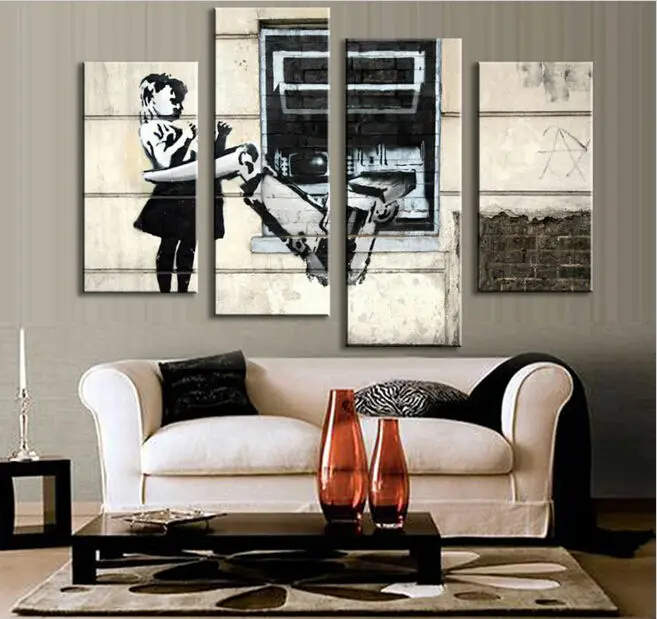 4 Pcs/Set Banksy Art Mechanical Arm And Little Girl oil painting on canvas vintage poster wall pictures for living room GvZ0002 | Дом и сад