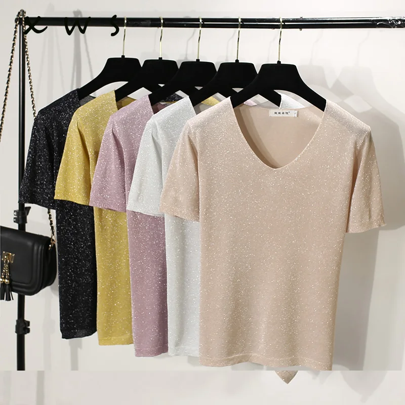 Высокое качество с v-образной горловиной Тонкий блестящий вязаный свитер пуловер