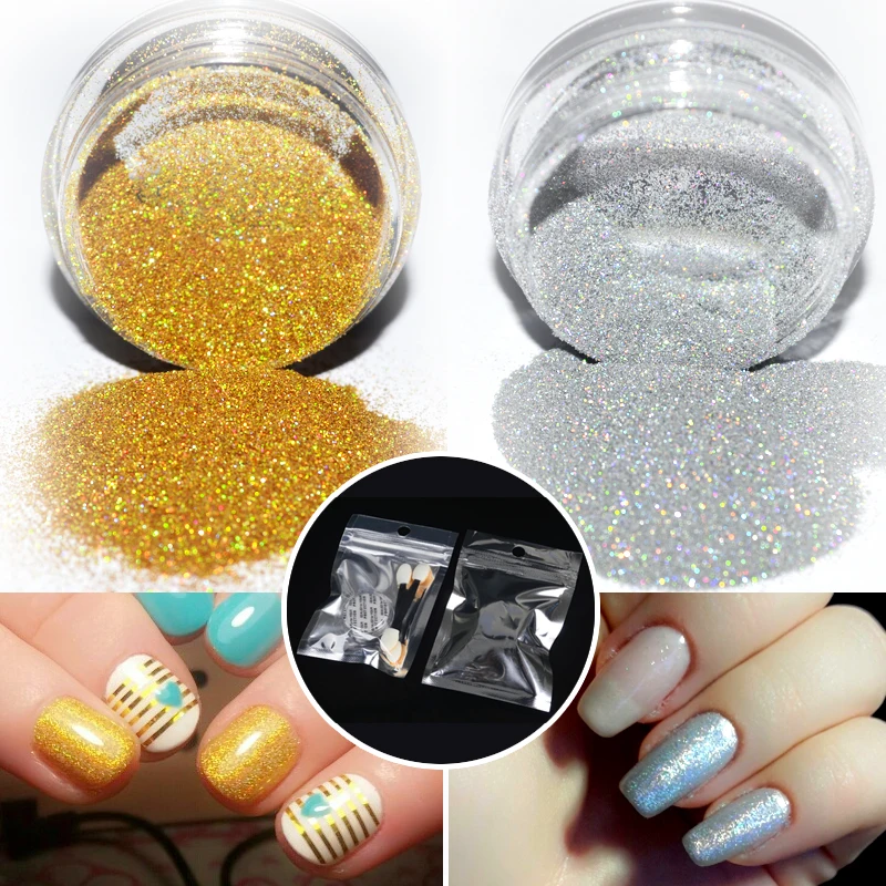 

WUF 1g/Box Holographic Nail Glitter Powder & 2pcs Brush Nail Art Holo Glitters Powder Dust Shinny Gold Sliver Decorations