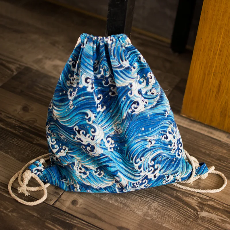 

YILE Cotton Linen Drawstring Travel Backpack Shoes Sorted Bag Student Book Bag Blue Sea Wave Spray 17414-2